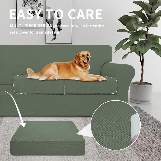 Easy-Going 4 Pieces Stretch Couch Cover Oversized Sofa Cover for Dogs Washable Sofa Slipcover for 3 Separate Cushion Couch Elastic Furniture Protector for Pets, Kids (Greyish Green, Oversized Sofa) - Image 3