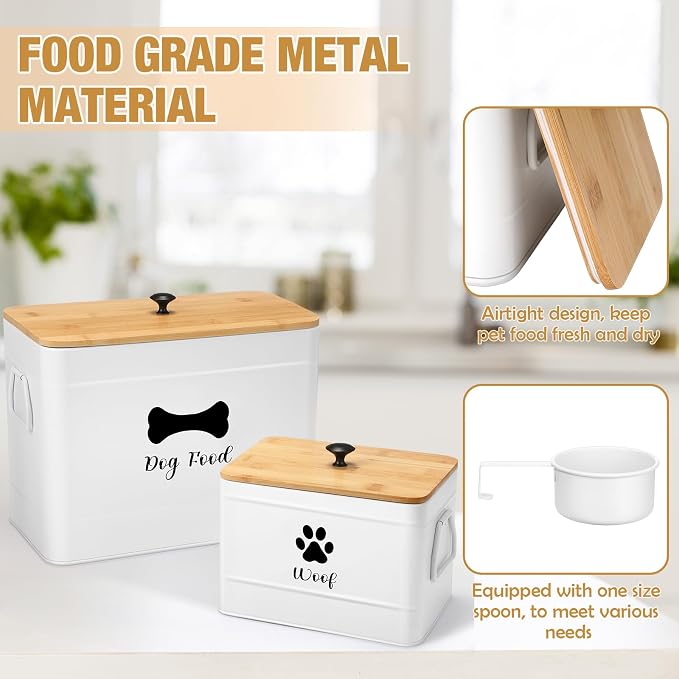Newtay 2Pcs Extra Large Metal Dog Food Containers Airtight 12 & 3.5 Lbs Dog Treat Snack Jars Set of 2 with Bamboo Lids and Spoons Farmhouse Big Pet Cookie Storage Jars for Kitchen Counter Gift (White) - Image 3