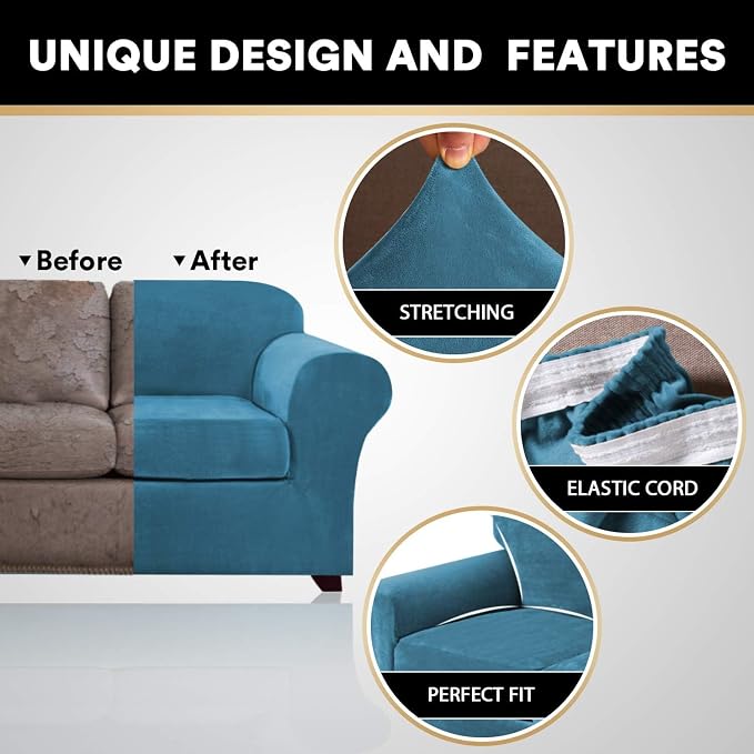 PrinceDeco Velvet Couch Covers for Sofa Soft 4 Pieces Couch Covers for 3 Cushion Couch Sofa Pet Friendly Furniture Protector with Non Slip Elastic Bottom Width Up to 97 Inch (Large Sofas, Blue) - Image 3