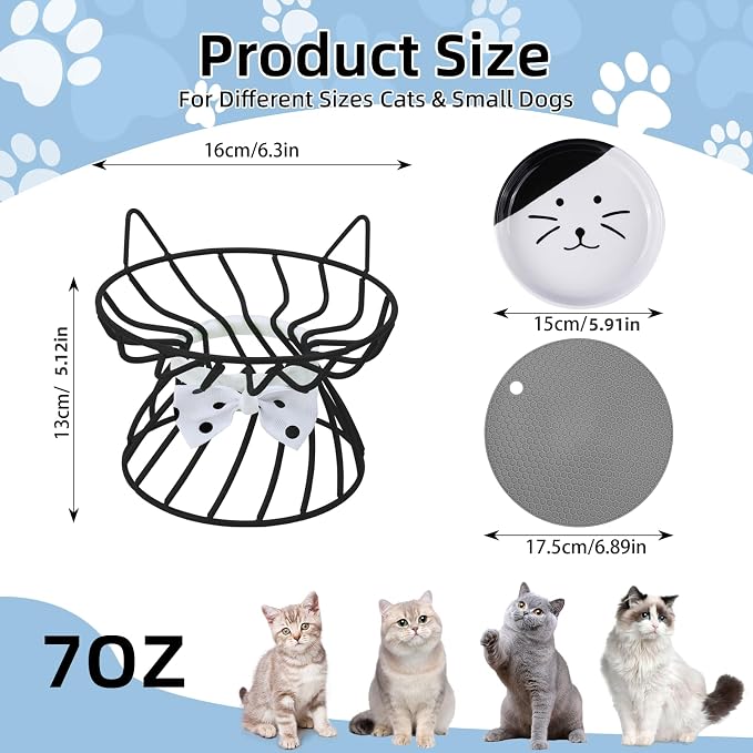 Elevated Cat Food Dish, Ceramic, Non-Slip Stand, Raised Feeding Station, 5 in, Shallow for Whiskers, Dishwasher Safe | Easy-clean Wide shallow dish for whisker comfort Non-slip - Image 2