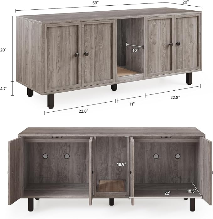 ONBRILL 59 Inches Cat Litter Box Enclosure for 2 Cats, Hidden Litter Boxes Furniture with Cat Scratch Pad, Large Indoor Pet House with Double Room, Wooden TV Stand Side Table, Grey - Image 2