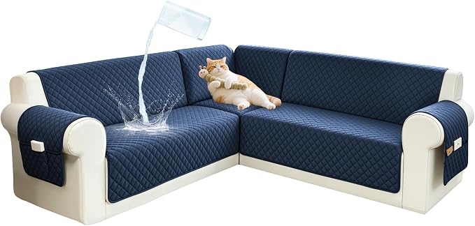 Sectional Couch Covers for Dogs 100% Waterproof Corner L Shaped Sofa Cover Pet Friendly Velvet Washable Anti Slip L Shape Modular Sofa Slipcover Protector with Pockets (Navy Blue, Small) by SYJOVIA