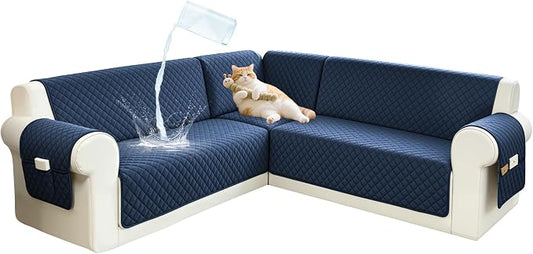 Sectional Couch Covers for Dogs 100% Waterproof Corner L Shaped Sofa Cover Pet Friendly Velvet Washable Anti Slip L Shape Modular Sofa Slipcover Protector with Pockets (Navy Blue, Small) by SYJOVIA