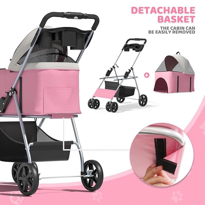 Magshion Foldable Pet Stroller, 3-in-1 Dog Travel Jogger with Detachable Carrier, Cup Holder, Storage Basket, Folding Carrier for Small/Medium Dogs & Cats Up to 33 lbs, Pink