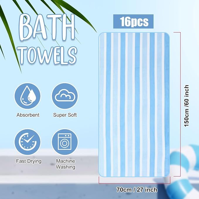 SmoothNovelty 16 Pack Microfiber Bath Towels Bulk 27'' x 60'' Oversized Size Bath Towel Highly Absorbent Extra Large Soft Drying for Beach Shower Summer Salon Sport Gym Party (Wide Stripes,Blue) - Image 2