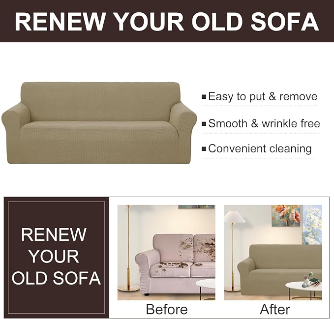 U-NICE HOME Oversized Stretch Couch Cover Slipcover, Sand | 3 Cushion Sofa, 1-Piece Sofa cover, Washable, Pet friendly, Furniture protector, Polyester Spandex Jacquard fabric - Image 4