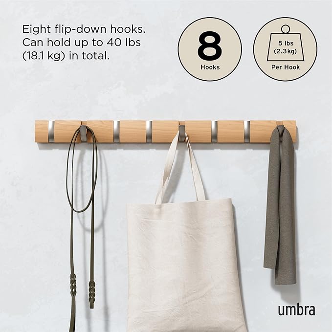 Umbra Flip Coat Rack, Wall Mount 8-Hook, Space Saving, Natural/Nickel | Real wood and steel build, retractable hooks fold flat, holds coats bags and scarves, easy install - Image 5