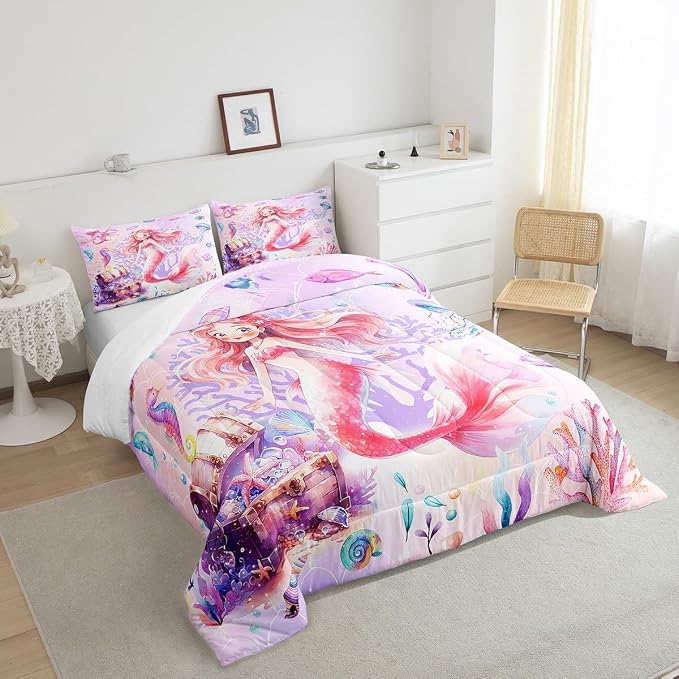 Manfei Mermaid Girls Twin Comforter Set,Watercolor Pink Mermaid Bedding Set for Kids Room Decor,Dreamy Fish Scale Duvet Set,Cute Octopus Blankets,6 Year Old Girl Birthday Gift Ideas - Image 4