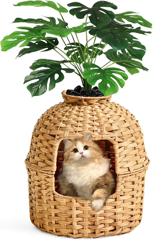 SETVSON Cat Litter Box Plant Furniture Enclosure, Rattan PE House, Natural | Decorative Planter Design, Removable Top for Easy Cleaning, Includes Artificial Plants, Real Stones, 20 x 20 Inches by SETVSON