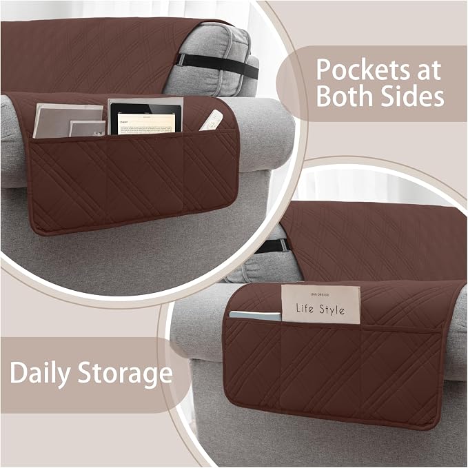 100% Waterproof Couch Cover for Dogs, Washable Anti-Slip Sofa Cover with Elastic Straps & Side Pockets, Quilted Furniture Protector for Kids & Pets (3 Cushion 68", Coffee) - Image 3