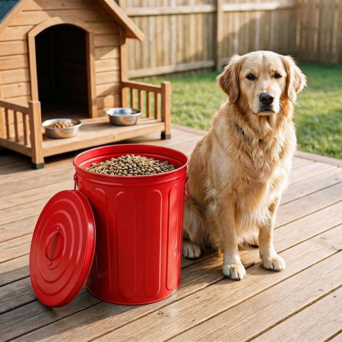 Plexon 5 Gallon Small Metal Trash Can with Lid Outdoor Galvanized Steel Bucket with Lid 5 Gal Storage Can for Dog Food Bird Seed Storage Container, Red 3 Pack - Image 7