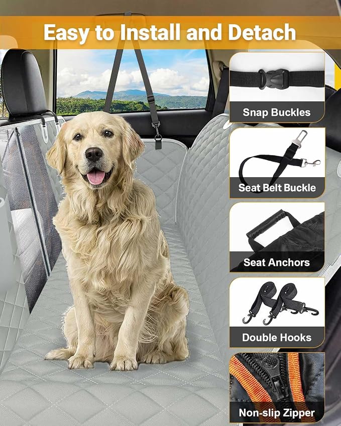 Victoper Dog Car Seat Cover, 600D Heavy Dute Car Seat Cover for Dogs Pets, 100% Waterproof Anti-Scratch Nonslip Dog Hammock for Cars, Seat Covers Protector with Seatbelt for Sedan SUV Truck XL Gray - Image 2