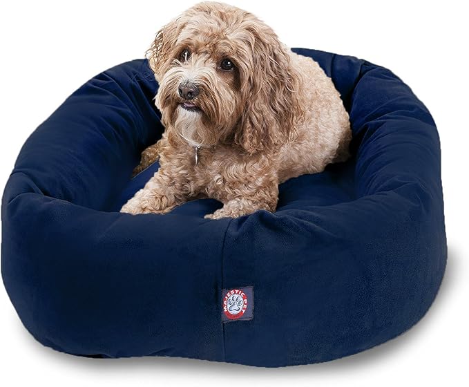 Majestic Pet 32 Inch Suede Calming Dog Bed Washable – Cozy Soft Round Dog Bed with Spine Support for Dogs to Rest Their Head - Fluffy Donut Dog Bed 32x23x7 (Inch) - Round Pet Bed Medium – Navy by MajesticPet