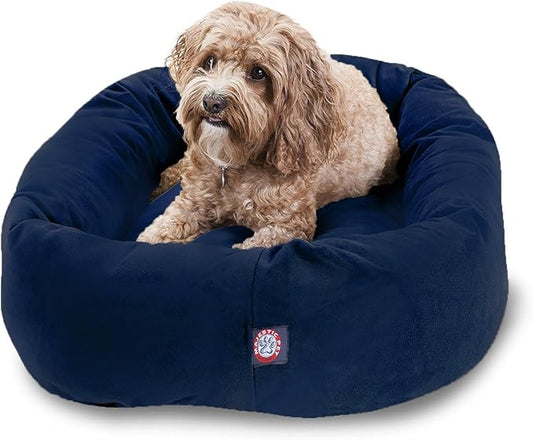 Majestic Pet 32 Inch Suede Calming Dog Bed Washable – Cozy Soft Round Dog Bed with Spine Support for Dogs to Rest Their Head - Fluffy Donut Dog Bed 32x23x7 (Inch) - Round Pet Bed Medium – Navy by MajesticPet