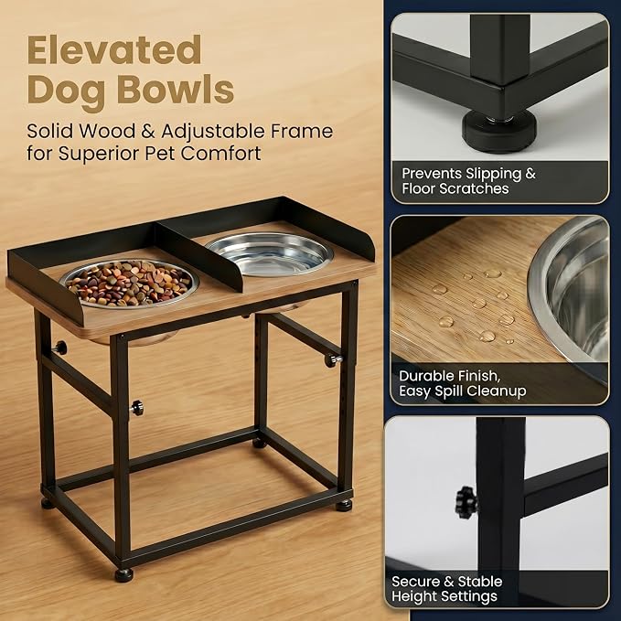 Wooden Elevated Dog Bowls, 5 Heights Adjustable 16.1-21.7" for Large Senior Dogs, Splash-Proof Guard Sturdy Iron Base,2×4L 304 Stainless Steel Bowls, Reduces Joint Pain, Non-Slip Feet - Image 3