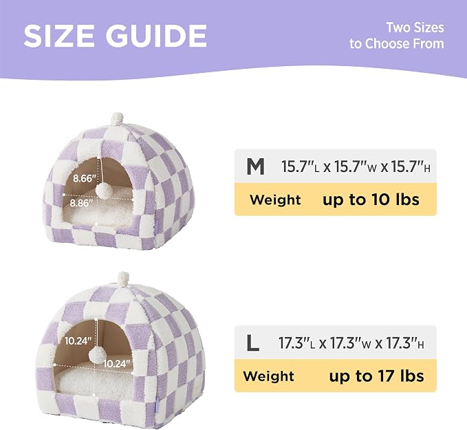 Lesure 2in1 Cute Cat House for Kitten with Washable Cushioned Pillow,17.3in | Cat Beds for Indoor Cats,Small Pet Cave Tent,Cozy Enclosed Foldable Hideaway,Fluffy Ball,Anti Slip Bottom,Hand Strap,Purple - Image 4