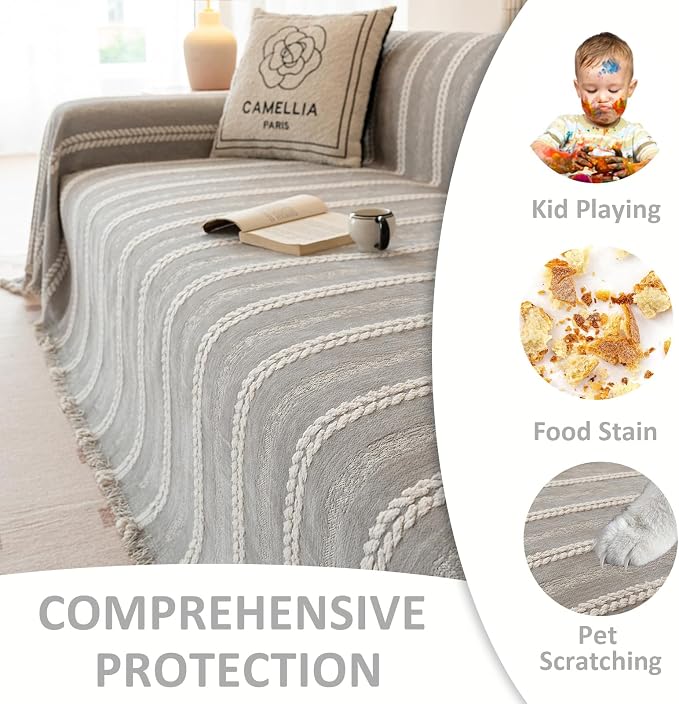 VClife Chenille Sofa Cover Bohemian Striped Pattern Couch Cover for 2 Cushion Sofa - Gray Creamy White Textured Sofa Slipcover Washable Furniture Protector for Couch Decorative Couch Cushion Cover - Image 8