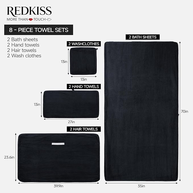 REDKISS Black Bath Towels Set 8 Piece - Microfiber Bathroom Towels of 8 Large, Highly Absorbent Bath Towel, Soft Shower Towel for Bathroom, Hotel 2 Bath Sheet 2 Hand 2 Washcloths 2 Hair Towel Wrap - Image 2