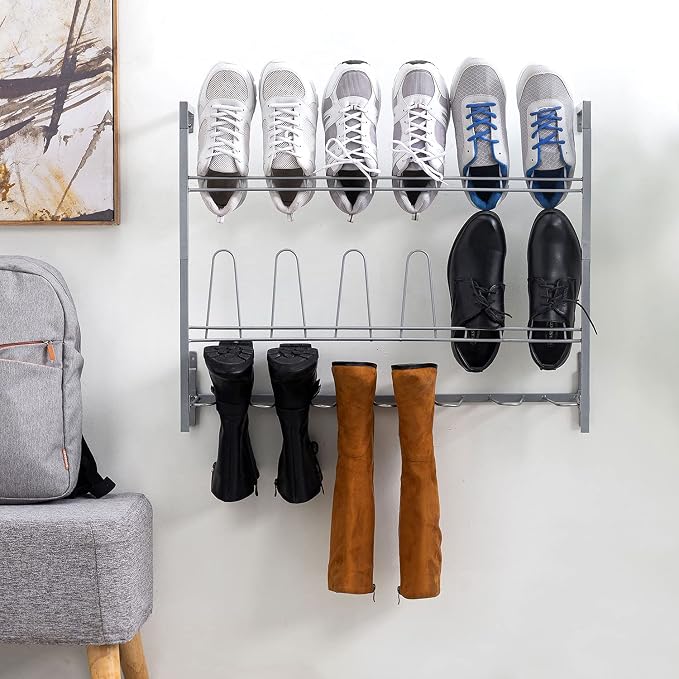 MyGift Wall Mounted Silver Metal Shoe & Boot Rack Organizer, 9 Pairs | Vertical footwear storage keeps shoes and boots neatly organized while maximizing floor space in closets, mudrooms, and entry - Image 2