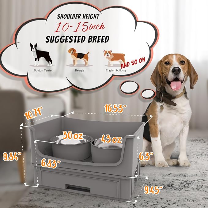 Elevated Dog Bowl Stand Set,Quiet Eating Mess Proof Raised Dog Bowls 2 Stainless Steel Pet Food Bowls,Splash Water Collection Non-Slip Medium Sized Feeding Table - Image 2