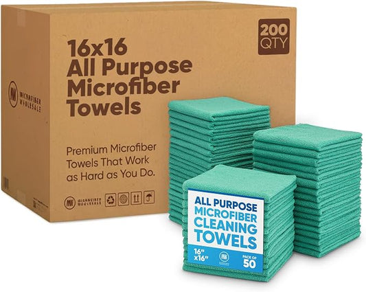 Bulk 16" x 16" All Purpose Microfiber Towels Wholesale - Case Quantity (200 Count) | Large | No Fraying | High Density Microfiber | Zero Chemical Cleaner | Long-Lasting (Green) by MicrofiberWholesale