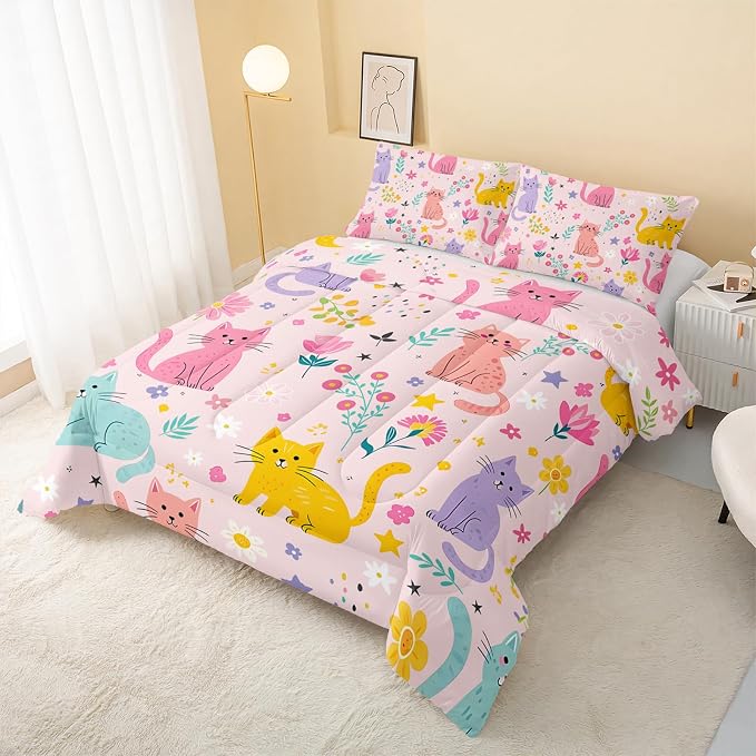 QOOMO Floral Cat Comforter Full Size,Pink Cat Bedding Set for Kids Teens Girls,3Pcs Bedding Set Printed Comforter with 2 Pillowcases,Down Alternative,Soft and Lightweight(Pink，Full Size) - Image 3