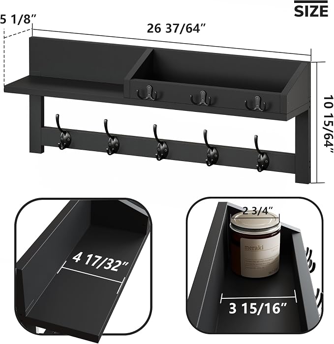 AMBIRD Wall Hooks with Shelf, 26.57 Inch Entryway Wood Coat Hooks for Wall, Coat Rack Wall Mount Rack with 5 Dual Hooks 3 Key Hooks Mail Organizer and Key Rack Key Holder (Black) - Image 2