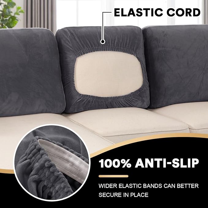 PrinceDeco Sectional Couch Covers Velvet Cushion Covers for Sectional Couch Washable Cushion Covers for Sectional Sofa Pet Friendly Sectional Sofa Slipcovers(1 Chaise Back+ 3 Sofa Back,Grey) - Image 4