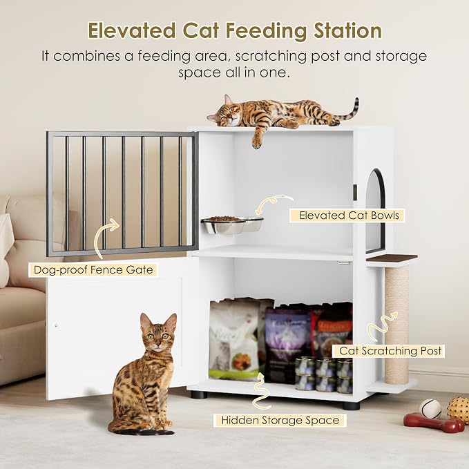 Dog Proof Cat Feeding Station, Dog Proof Cat Feeder, Cat Food Table, White | Cat Feeding Station with Scratching Post, Elevated Food Bowls with Stand, Cat Tree with Food Storage, Cat House - Image 4