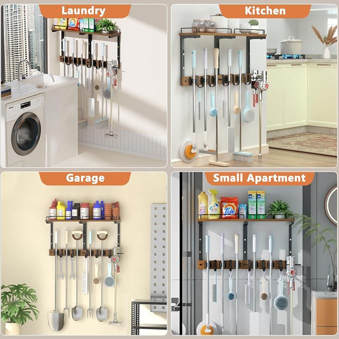 Mop Holder Wall Mount with Cleaning Supplies Organizer, Wood Mop and Broom Hanger Rack Organizer with Anti-Fall Wall Shelf with 5 Clips & Hooks for Garage Laundry Room Kitchen (Brown) - Image 7
