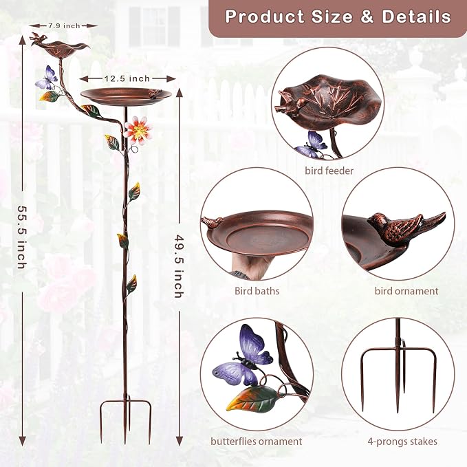 MUMTOP Bird Bath and Feeder for Outdoors, 53in Height Metal Birdbath Copper | Antique Garden Bird Feeder and Bath with Stable Metal Stake for Outside Yard Lawn Decor, Metal Garden Bird Water Station - Image 4