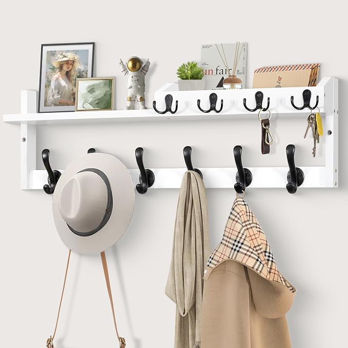 Coat Rack Wall Mount with Shelf, 27.5" Entryway Wall Hanging Shelf, Coat and Key Hanger with 10 Dual Hooks, Mail Organizer and Key Holder Hat Rack for Wall, Wood Coat Hooks with Storage by GODDGITT