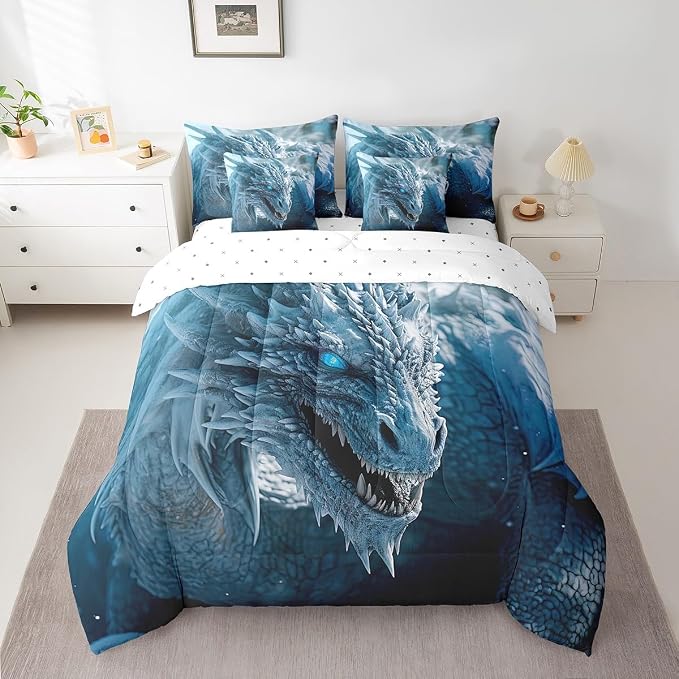 Erosebridal 7-Pack Dynacraft Ice Dragon 3D Blue Bedding Sets - Boys' Full Size Comforter with Sheets & Quilt - Ice Dragon Mysterious Wildlife Theme by Erosebridal