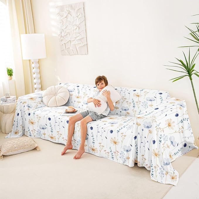 Watercolor Floral Couch Covers Blue Beige Flower Sofa Cover 71" X 102" Modern Minimalist White Couch Protector Rustic Farmhouse Washable Non Slip Sofa Slipcover For Living Room Furniture Protector - Image 4