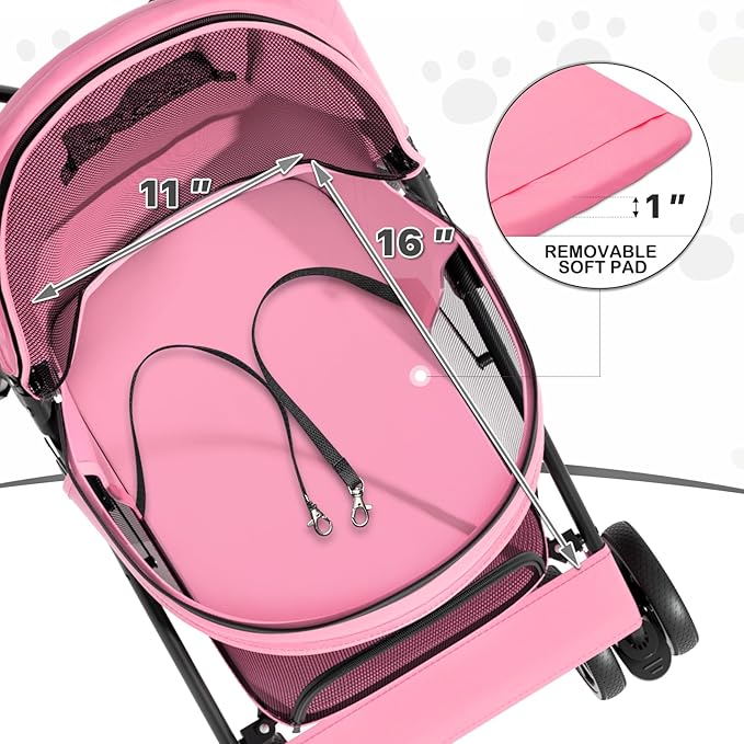 MoNiBloom 4 Wheels Pet Stroller, Easy-Fold Puppy Cage Jogger Stroller with Sun Cover, Pad and Rear Storage Bag, Breathable and Visible Mesh for Small/Medium Pets up to 22 lbs, Pink