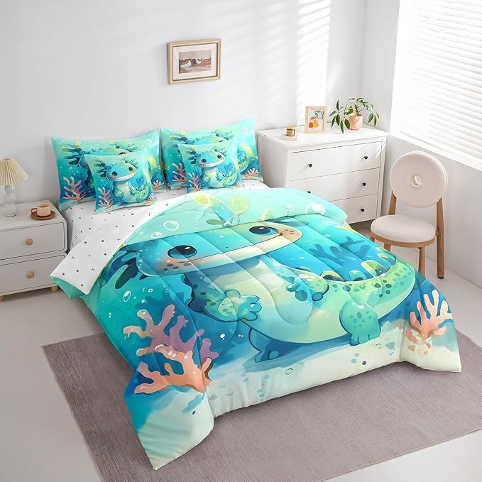 Feelyou Cute Axolotl 7 Piece Bedding Set Queen Size Cute Blue Teal Axolotl for Kids Boys Girls Teens Toddler Ocean Animal Bed in a Bag Comforter Set with Sheets Cartoon Bed Set - Image 2