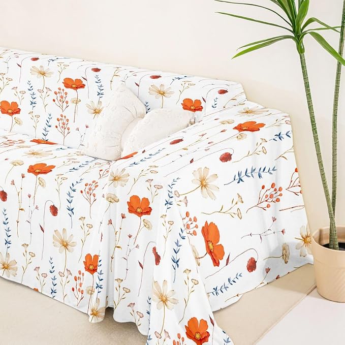 Erosebridal Watercolor Floral Sofa Cover Retro Orange Navy Flower Couch Cover Modern Minimalist White Sofa Protector 71" X 134" Rustic Farmhouse Washable Non Slip Couch Protector for Pet Cats Kids - Image 5