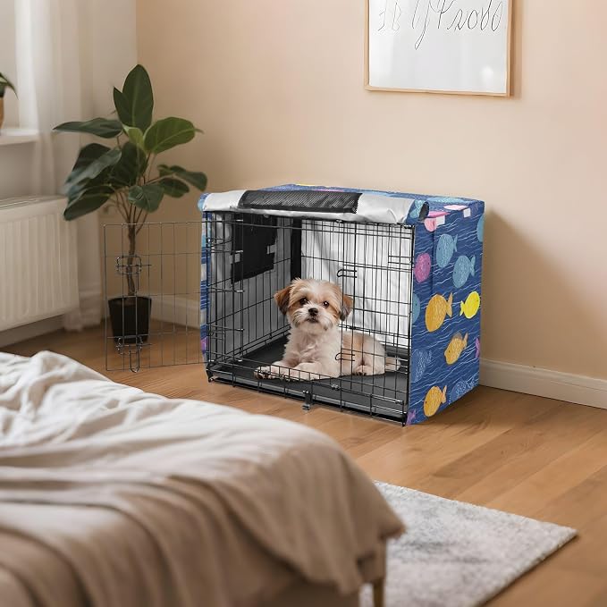Dog Crate Cover Kennel Cover for Dog Cages Breathable for Wire Cage Indoor Outdoor Blue Water Ripple and Fishes - Image 7