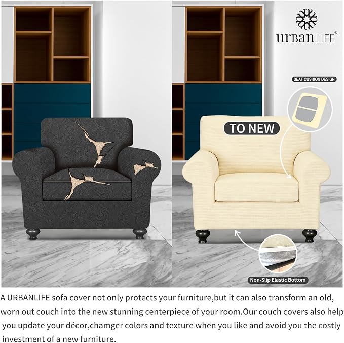URBANLIFE 2-Piece Stretch Sofa Covers for 1 Cushion Couch, Cream | Super fitted spandex slipcovers for couches. Non-slip elastic bottom. Machine washable furniture protector for kids & pets. - Image 5
