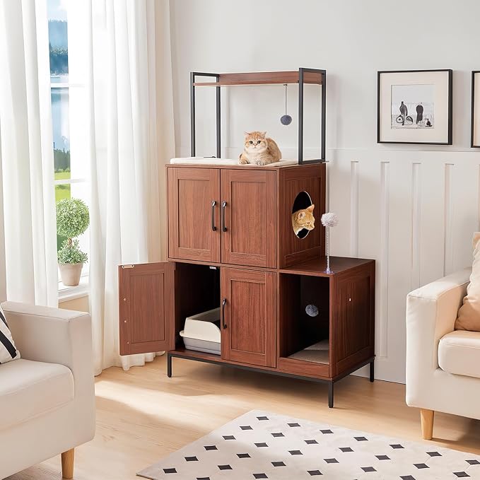 HOOBRO Litter Box Enclosure, Litter Box Furniture with Storage, 2-in-1 Hidden Cat Furniture with Shelf, 2 Dangling Plush Balls and 1 Toy Ball, Large Wooden Cat Washroom, Walnut WL78MW01 - Image 3