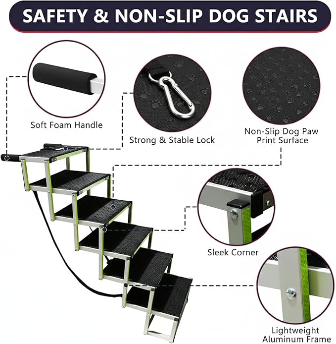 PENSUN Dog Ramps for Small & Big Dogs Portable Folding Pet Stairs with Nonslip Surface Foldable Truck Ramp Stairs for Car, SUV and Trucks, Supports Up to 250LBS, 6 Steps