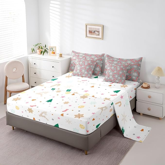 Erosebridal Xmas Candy Cane Full Bedding Set 7 Piece,Merry Christmas Bed in A Bag for Kids Boys Girls,Winter Snowflake Comforter Set Grey Christmas Ornaments Sheet Set with Comforter - Image 5