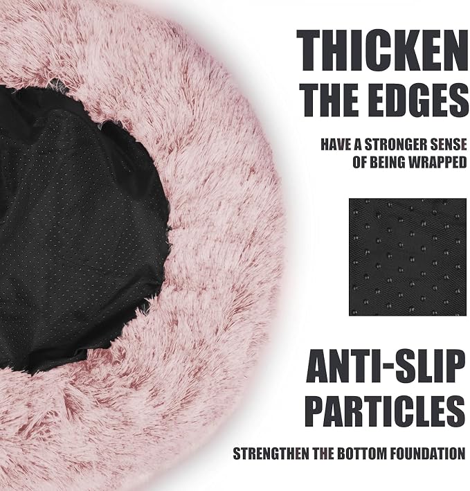 ShinHye Cat Bed Round Plush Fluffy Hooded Cat Bed Cave, Cozy for Indoor Cats or Small Dog beds, Soothing Pet Beds Doughnut Calm Anti-nxiety Dog Bed - Waterproof Bottom Washable (26×26inch, Pink) - Image 5