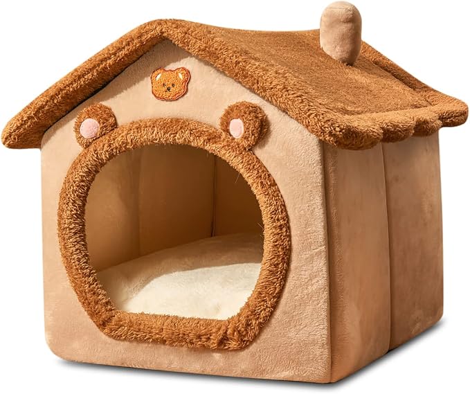 Cat Cave Bed, Washable Dog Bed, Warm and Cosy Cat House, Foldable Comfortable Pet Cat House, Dog Bed with Removable Cushion(S, Brown) by BOSERMEN