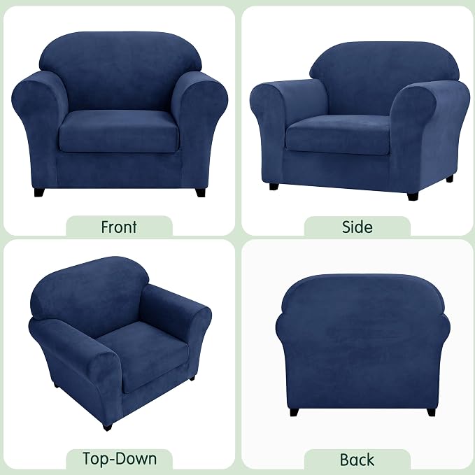 CHUN YI 2 Piece Velvet Armchair Cover Couch Covers 1 Cushion, Water Resistant Chair Slipcover with Arms, Non Slip High Stretch Thick Furniture Protector for Dogs Pets, Small, Navy - Image 5