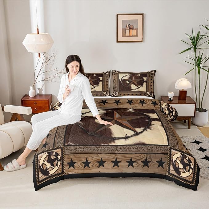 Western Stars Comforter Set King Size,Cow Fur Texture Print Bedding Set 3pcs for Kids Boys Girls Teens Adults Room Decor,Old Wooden Board Vintage Quilt Set Brown Rustic Duvet Insert,2 Pillowcases - Image 3