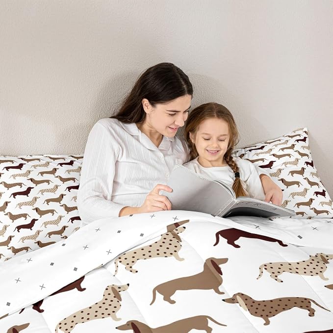 Feelyou Cartoon Dog Print Comforter,Puppy Animal Bedding Bed Set,Cute Dachshund Kawaii Comforter Set for Teens Kids Boys Girls Adults Decor,Brown Quilt Collection 2Pcs Twin Size Boys - Image 6