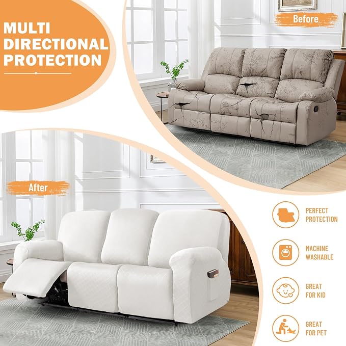vctops Diamond Recliner Sofa Covers 8-Pieces Stretch Large Couch Covers for 3 Seats Reclining Slipcovers Soft Solid Furniture Protector (White,3 Seat) - Image 5