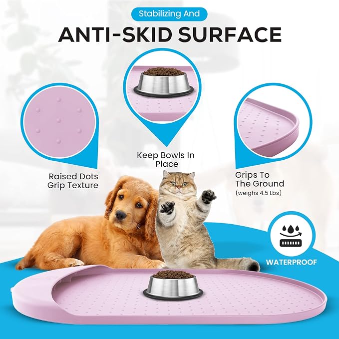 Dog Food Mat - 32” x 19” Pet Feeding Mat with Residue Collection Pocket - Large Silicone Dog Mat for Food and Water - Waterproof Dog and Cat Bowl Mat, High Edges to Prevent Spills, Light Pink - Image 5