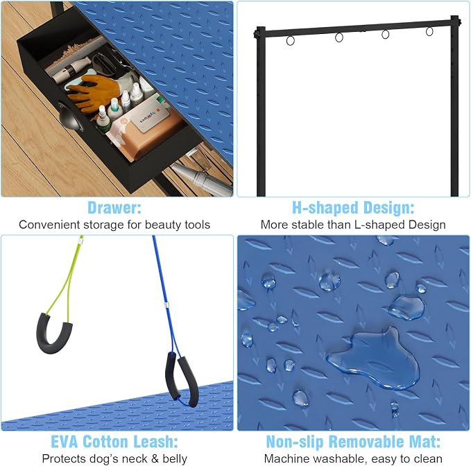 32-Inch Dog Grooming Table with Drawer & Mesh Tray,Adjustable Pet Grooming Table with Non-Slip Removable Washable Mat & EVA Protective Lanyard, Professional Grooming Table for Small Dog at Home（Blue） - Image 3